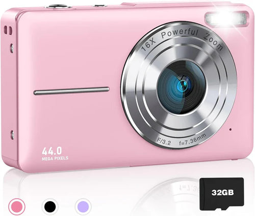 Cámara digital compacta rosa 44MP con zoom 16x y tarjeta 32GB